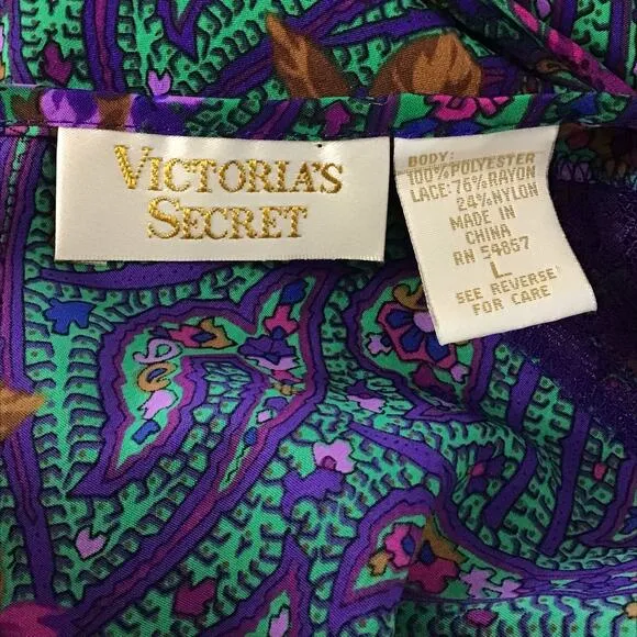 VTG Victoria's Secret Gold Label Lace Paisley Satin Print Nightgown Lingerie L