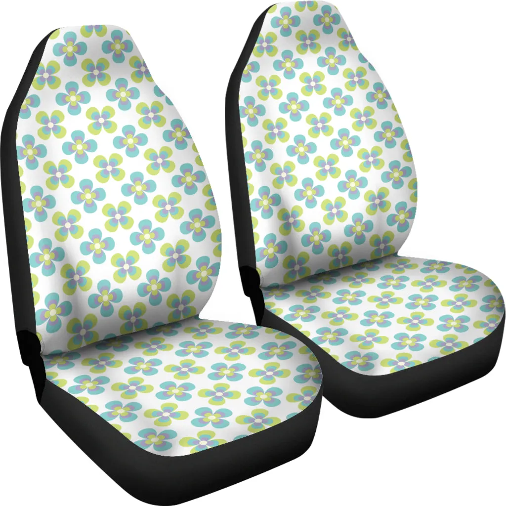 White With Green Retro Hippie Flower Pattern Car Seat Covers Set