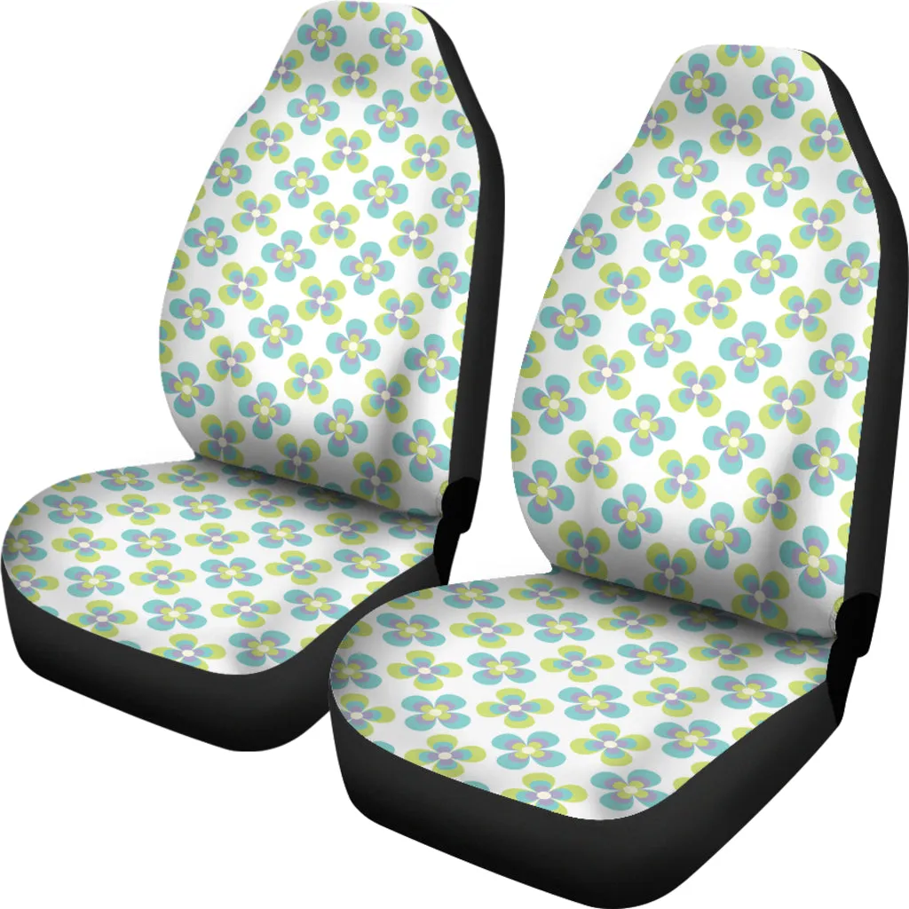 White With Green Retro Hippie Flower Pattern Car Seat Covers Set