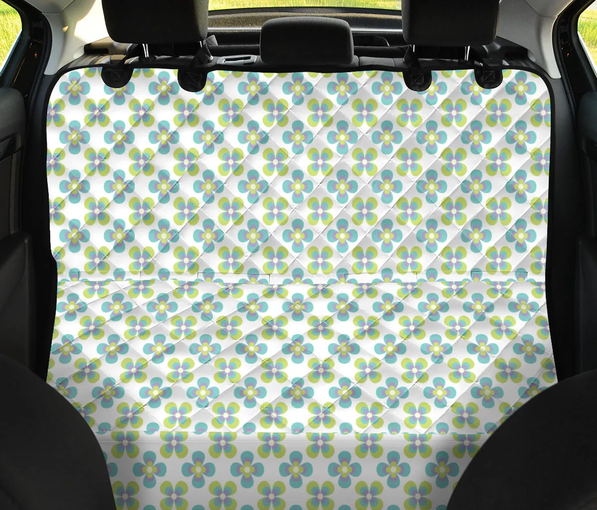 White With Green Retro Hippie Flowers Pet Hammock Back Seat Protector For Dogs