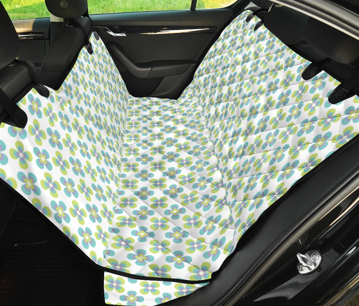 White With Green Retro Hippie Flowers Pet Hammock Back Seat Protector For Dogs
