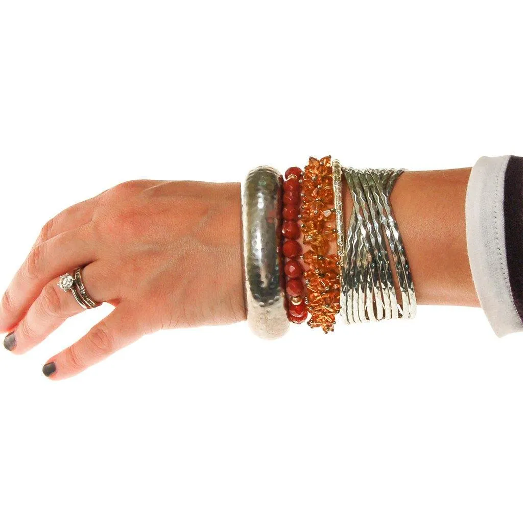 Wide Silver Tone Hammered Bangle Bracelet