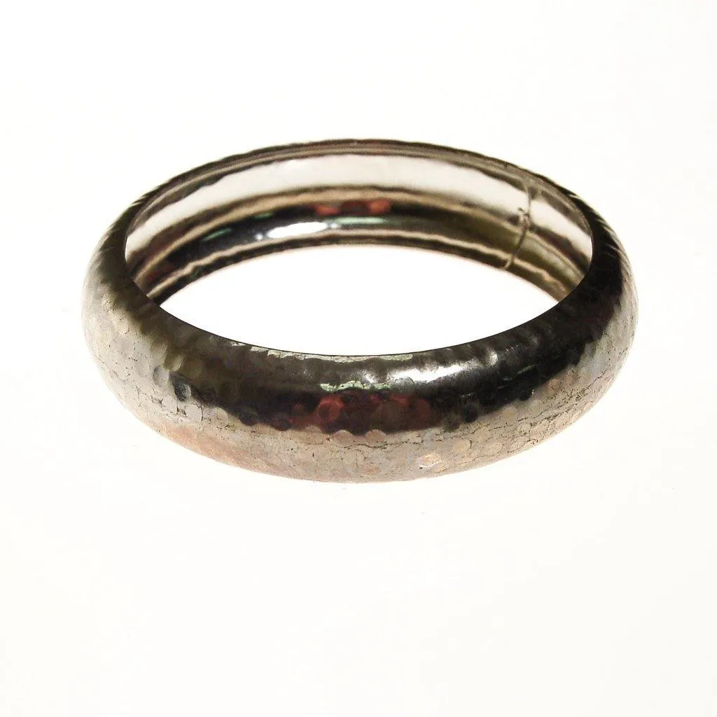 Wide Silver Tone Hammered Bangle Bracelet