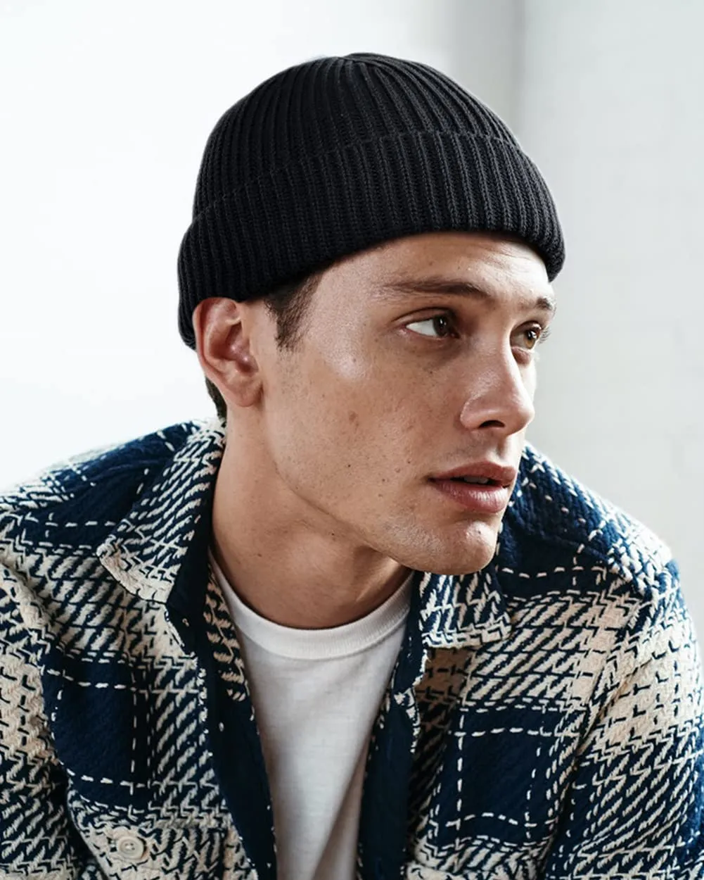 Winter Knitted Fishermen Beanie Hats for Men Wool Short Cuffed Skull Cap