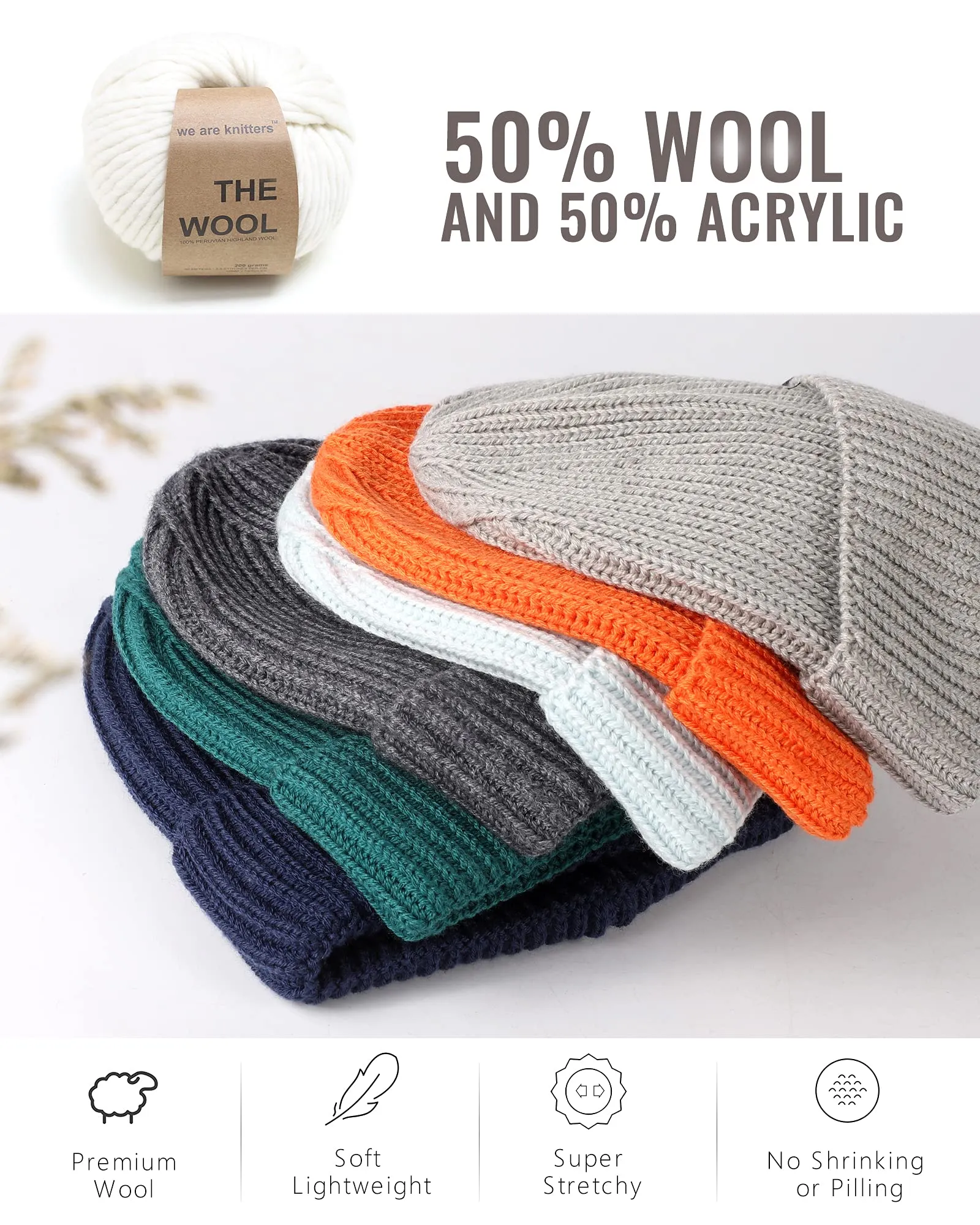 Winter Knitted Fishermen Beanie Hats for Men Wool Short Cuffed Skull Cap