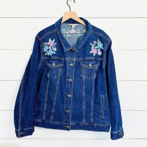 Woman Within Floral Embroidered Boho Denim Jean Jacket, Size 26W Cottagecore