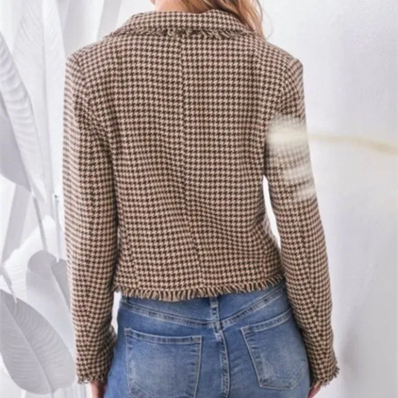 work chic houndstooth plaid print fringe detailed