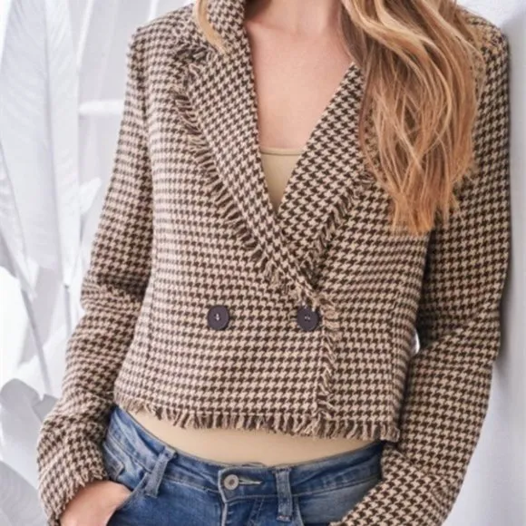 work chic houndstooth plaid print fringe detailed
