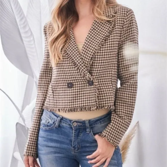 work chic houndstooth plaid print fringe detailed