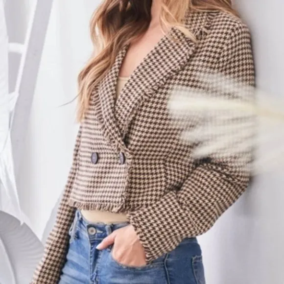 work chic houndstooth plaid print fringe detailed