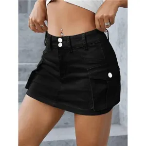 Y2K Black Cargo Denim Mini Skirt Low Waist Extra Short Bodycon Skirt W/ Pockets