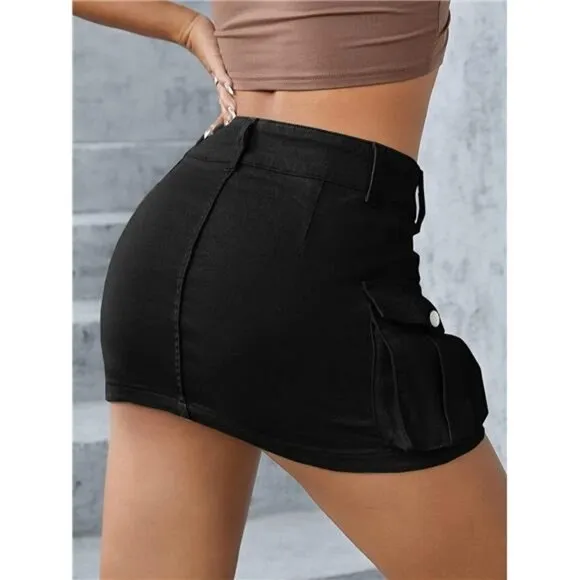Y2K Black Cargo Denim Mini Skirt Low Waist Extra Short Bodycon Skirt W/ Pockets