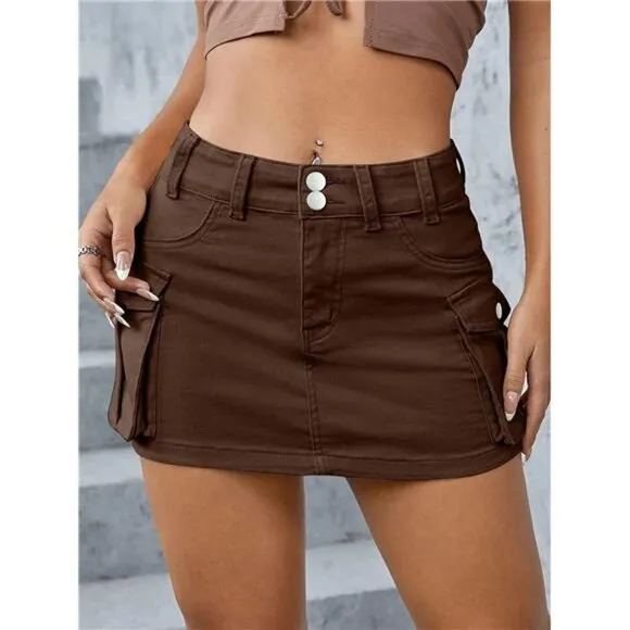 Y2K Brown Cargo Denim Mini Skirt Low Waist Extra Short Bodycon Skirt W/ Pockets