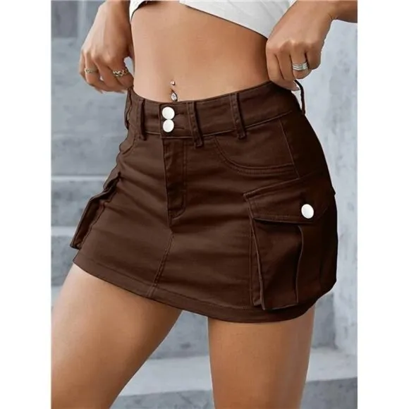 Y2K Brown Cargo Denim Mini Skirt Low Waist Extra Short Bodycon Skirt W/ Pockets