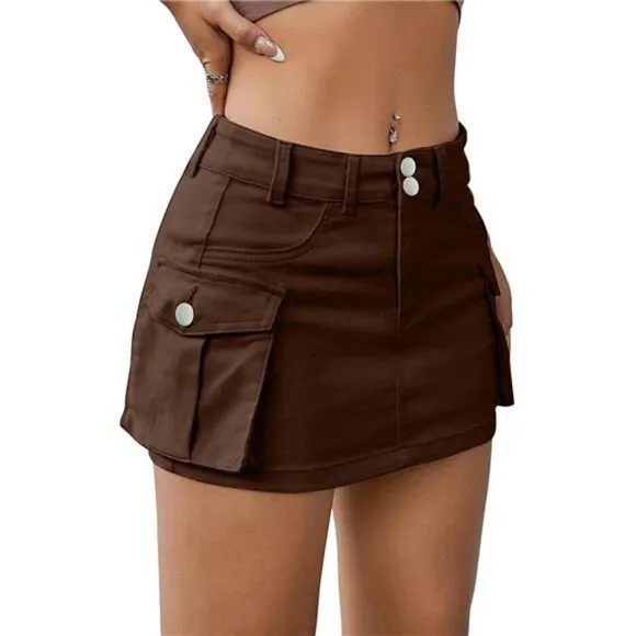 Y2K Brown Cargo Denim Mini Skirt Low Waist Extra Short Bodycon Skirt W/ Pockets