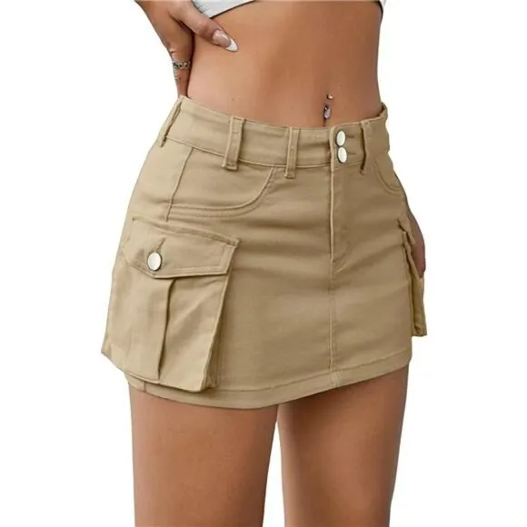 Y2K Light Khaki Cargo Denim Mini Skirt Low Waist Extra Short Bodycon Skirt