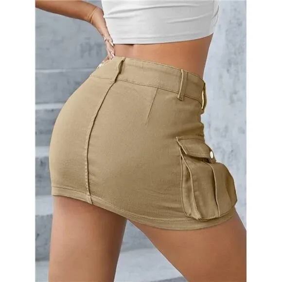 Y2K Light Khaki Cargo Denim Mini Skirt Low Waist Extra Short Bodycon Skirt