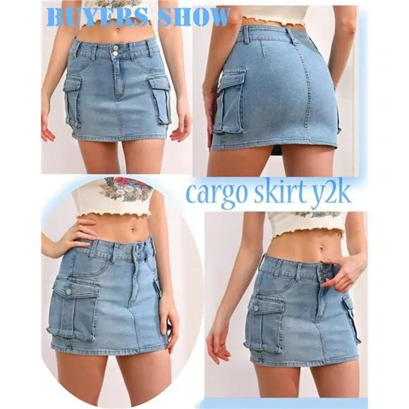 Y2K Light Wash Cargo Denim‎ Mini Skirt Low Waist Extra Short Bodycon Skirt