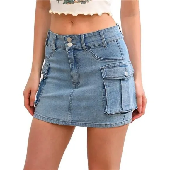 Y2K Light Wash Cargo Denim‎ Mini Skirt Low Waist Extra Short Bodycon Skirt