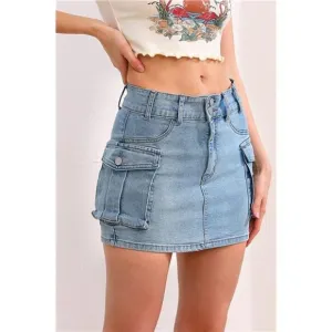 Y2K Light Wash Cargo Denim‎ Mini Skirt Low Waist Extra Short Bodycon Skirt