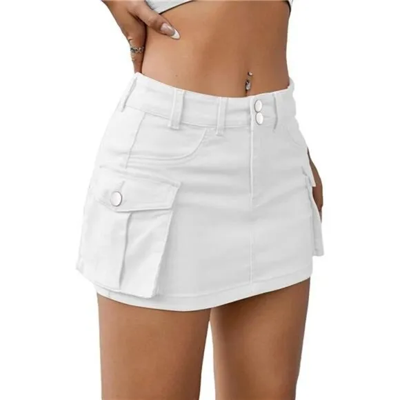 Y2K White Cargo Denim Mini Skirt Low Waist Extra Short Bodycon Skirt
