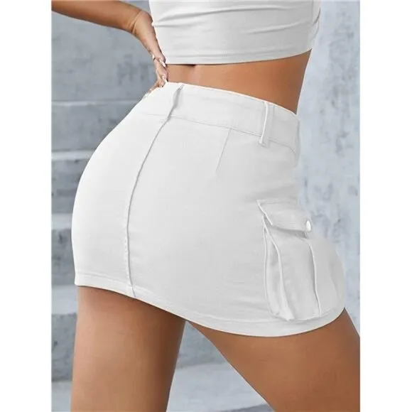 Y2K White Cargo Denim Mini Skirt Low Waist Extra Short Bodycon Skirt
