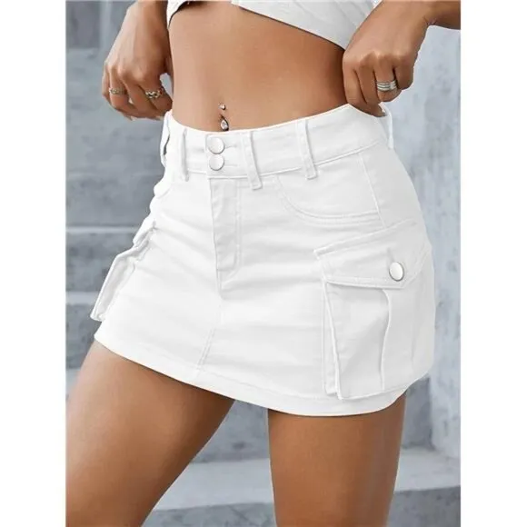 Y2K White Cargo Denim Mini Skirt Low Waist Extra Short Bodycon Skirt