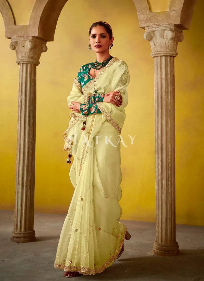 Yellow And Turquoise Multi Embroidery Silk Saree