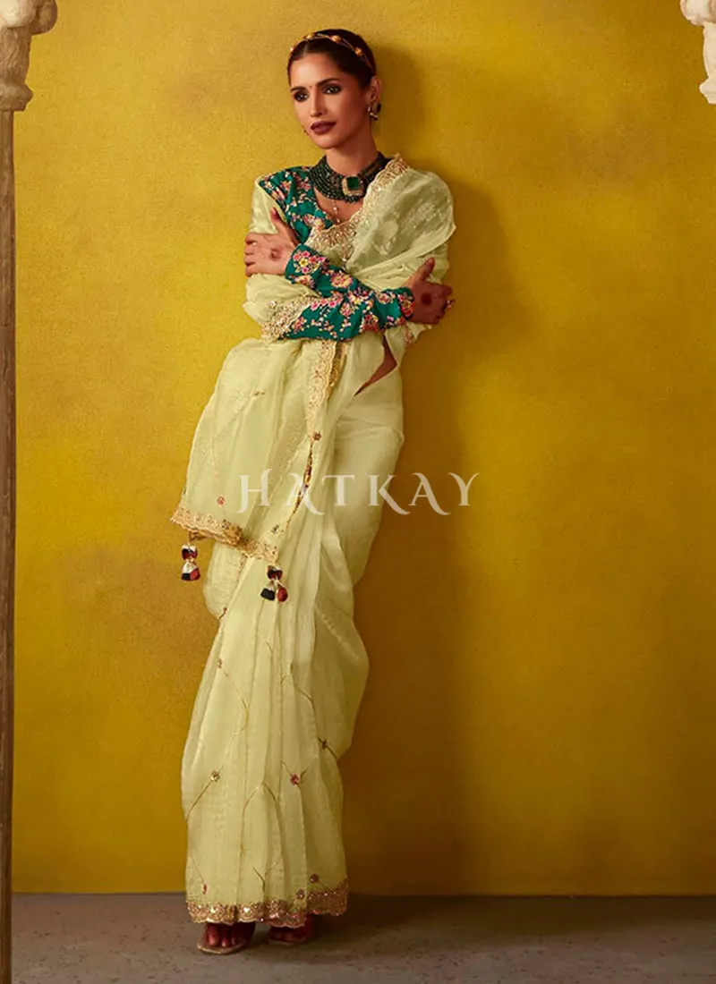 Yellow And Turquoise Multi Embroidery Silk Saree