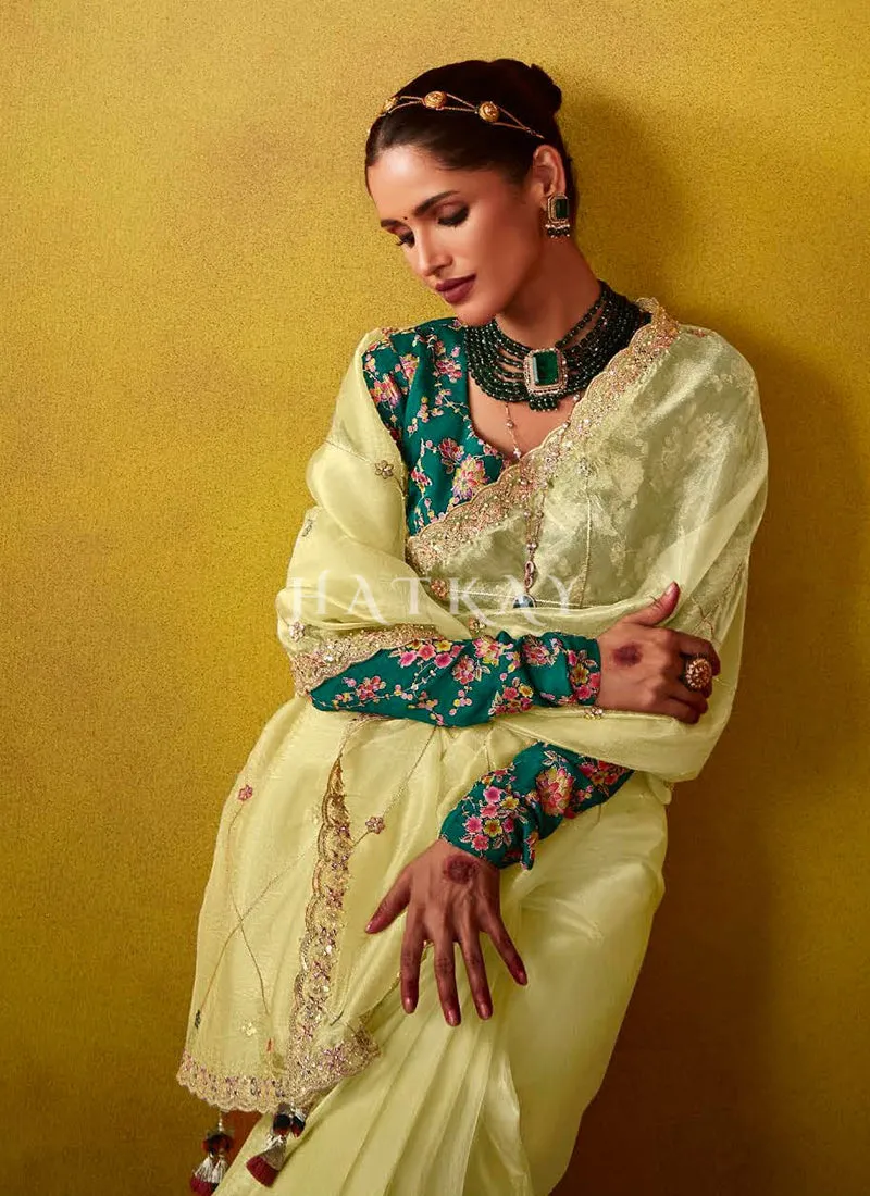 Yellow And Turquoise Multi Embroidery Silk Saree
