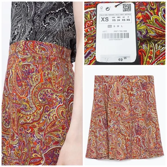 ZARA Woman Colorful Mosaic Flowy Paisley A-Line Mini Skirt XS High Waist NWT
