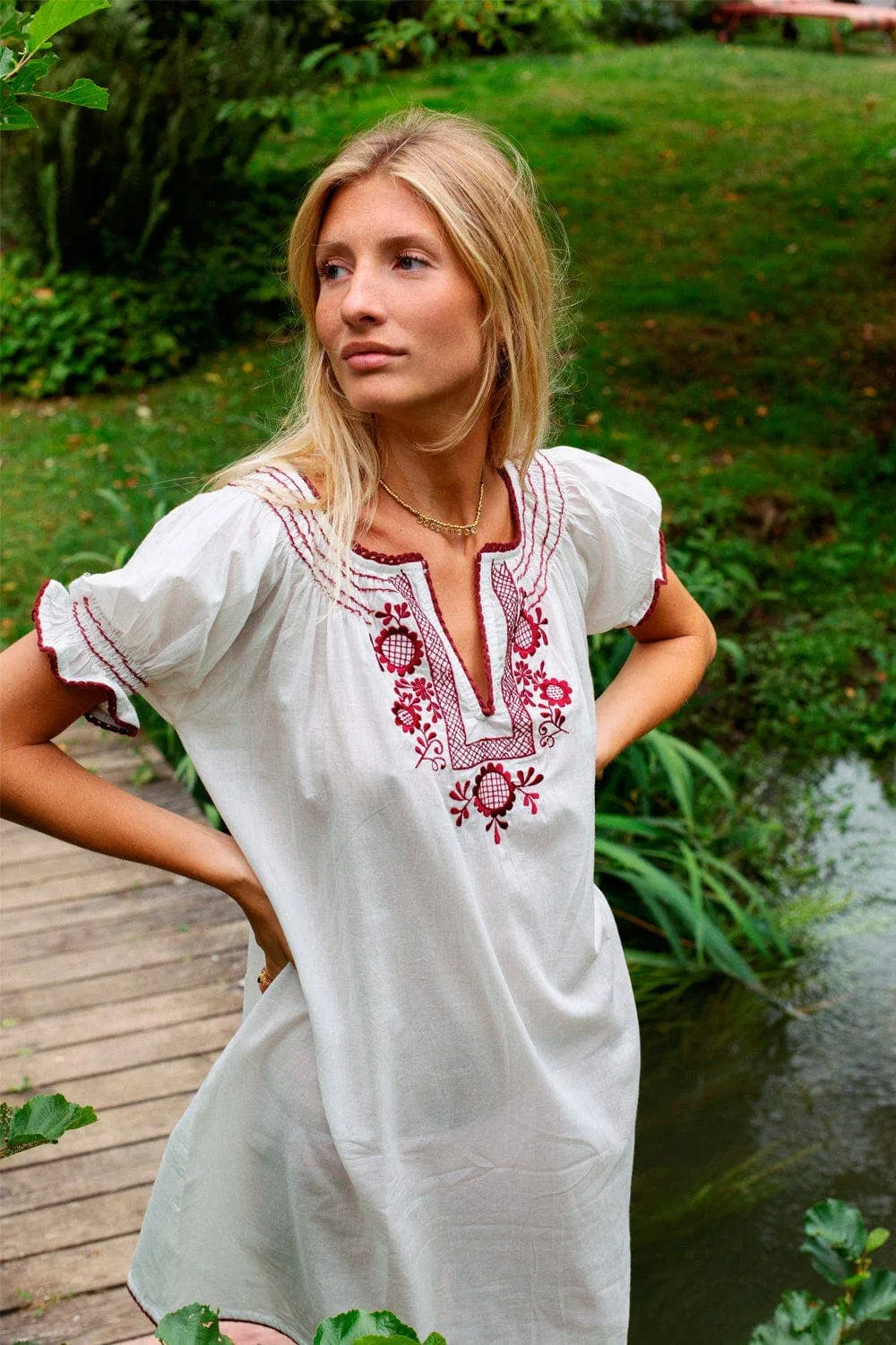 Zoé White Pink Embroidery Dress